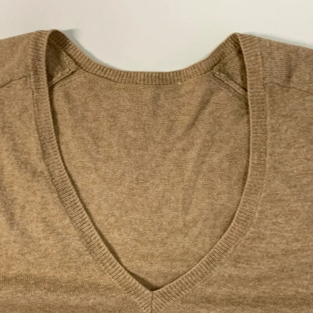 Coach Tan V Neck Lightweight Sweater OS Wool Alpaca Blend Long Sleeves *flaw